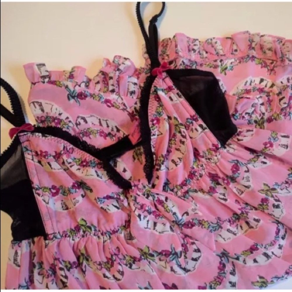 Betsey Johnson Pink Black Babydoll Nightie, Medium